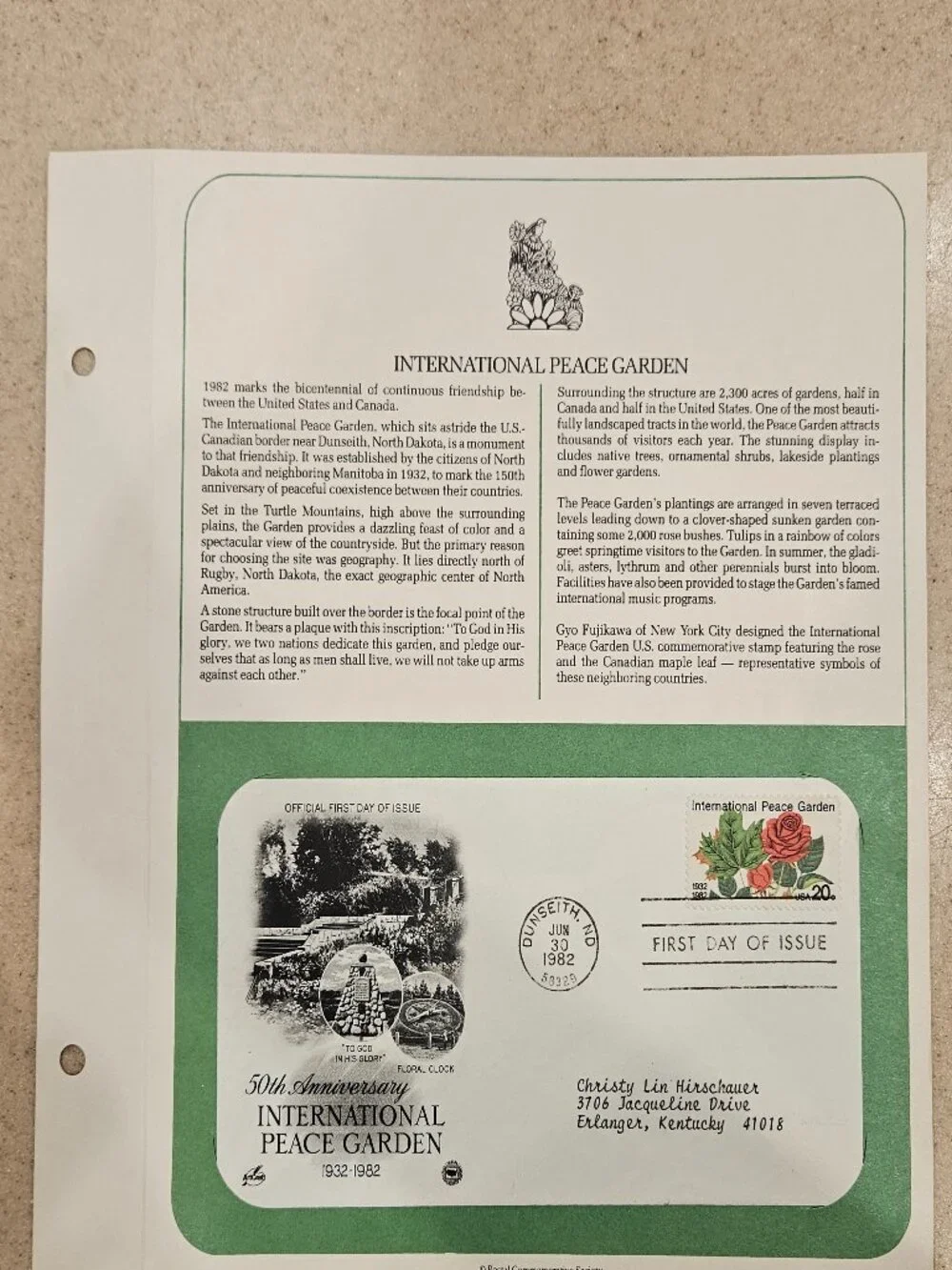 RARE COLLECTIBLE USPS 1ST DAY ISSUE COVER INTERNATIONAL PEACE GARDEN STAMP FDC
